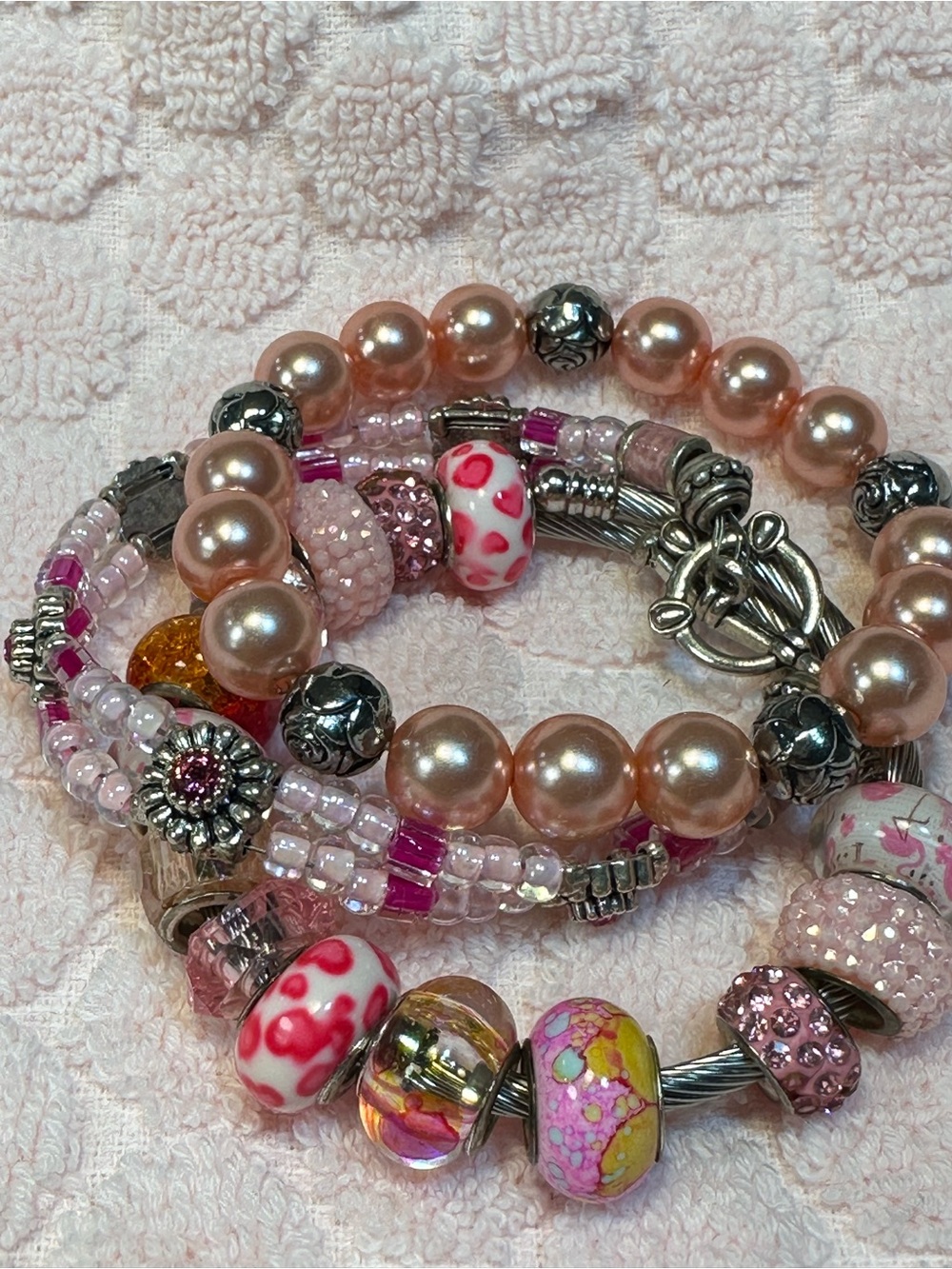 Curated Pink Pearl & Silver Statement Bracelet Stack Set - Featuring Authentic B